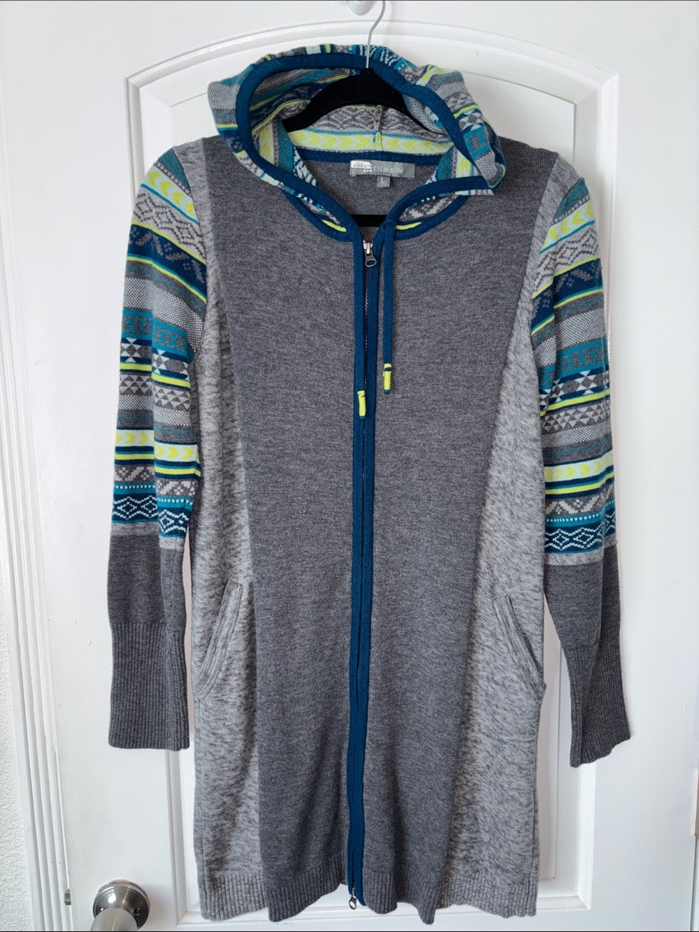 Title Nine woolicious? Hooded sweater tunic dress full zip merino wool blend L b